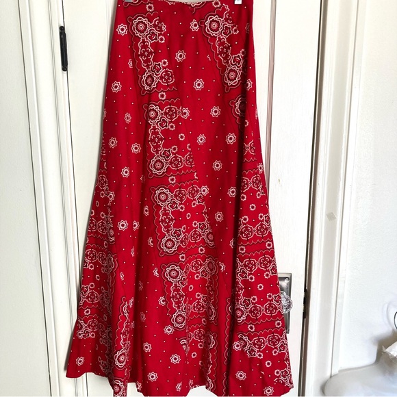 Vintage Cotton Canvas Patchwork Red Paisley Bandana Maxi Skirt - Picture 8 of 17